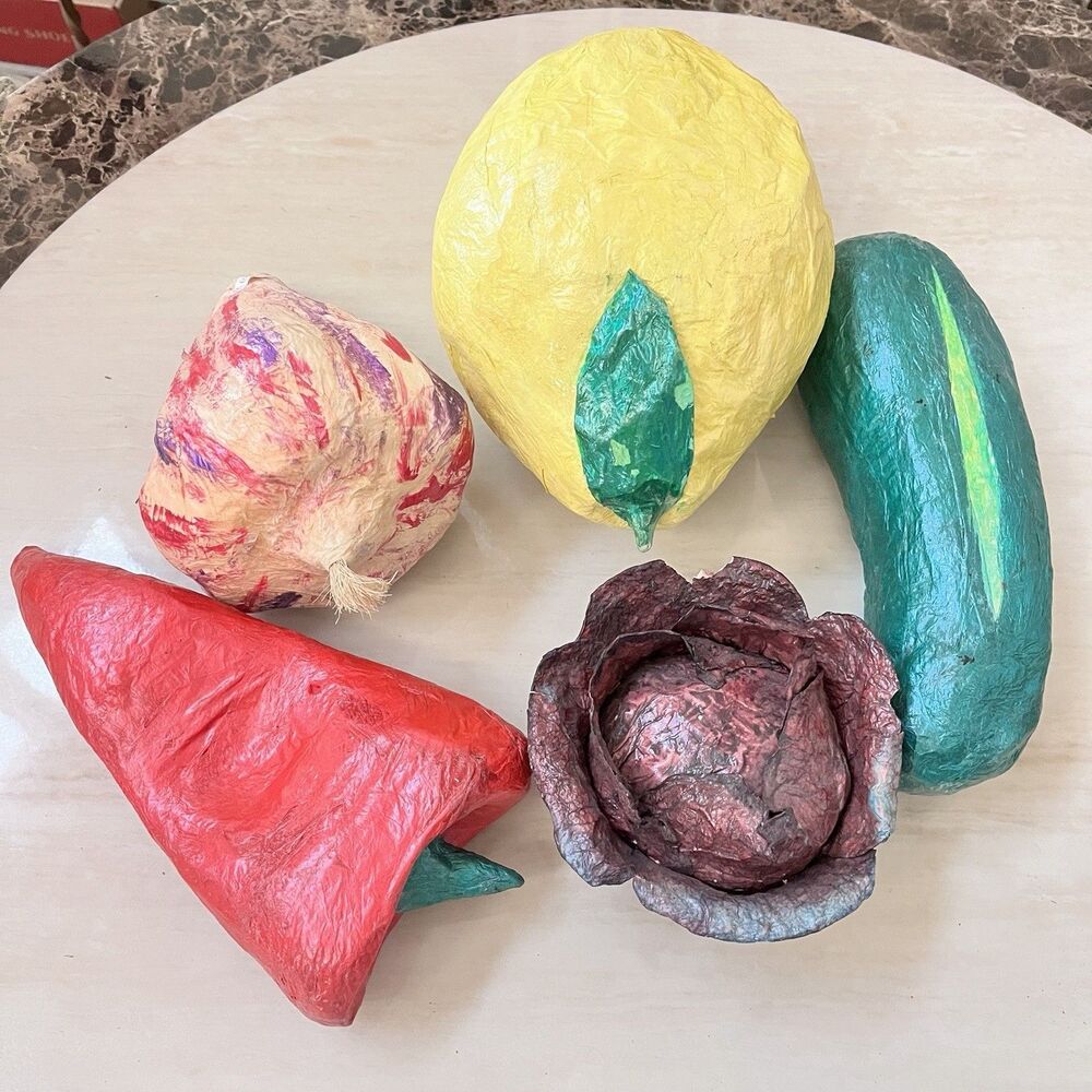 Vintage Large Oversized Papier Mache Vegetable Fruit Decor Set of 5 Hand Painted